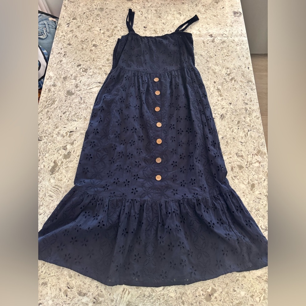 Navy Blue Eyelet Button-Down Dress 100% Cotton